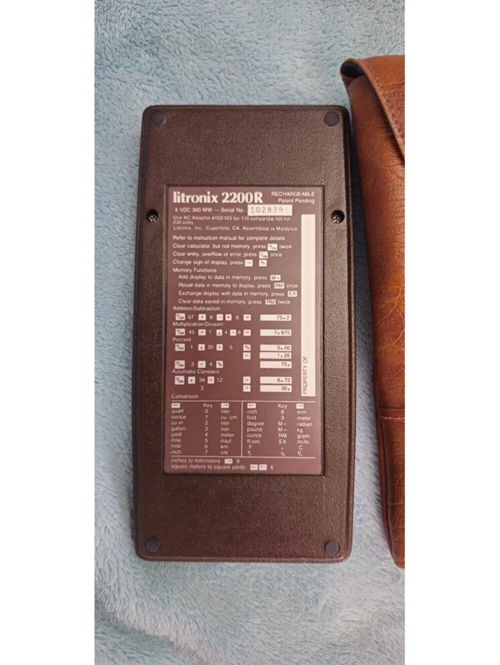 Litronix 2200R Vintage Memory Plus Calculator with Brown Carrying Case. Working